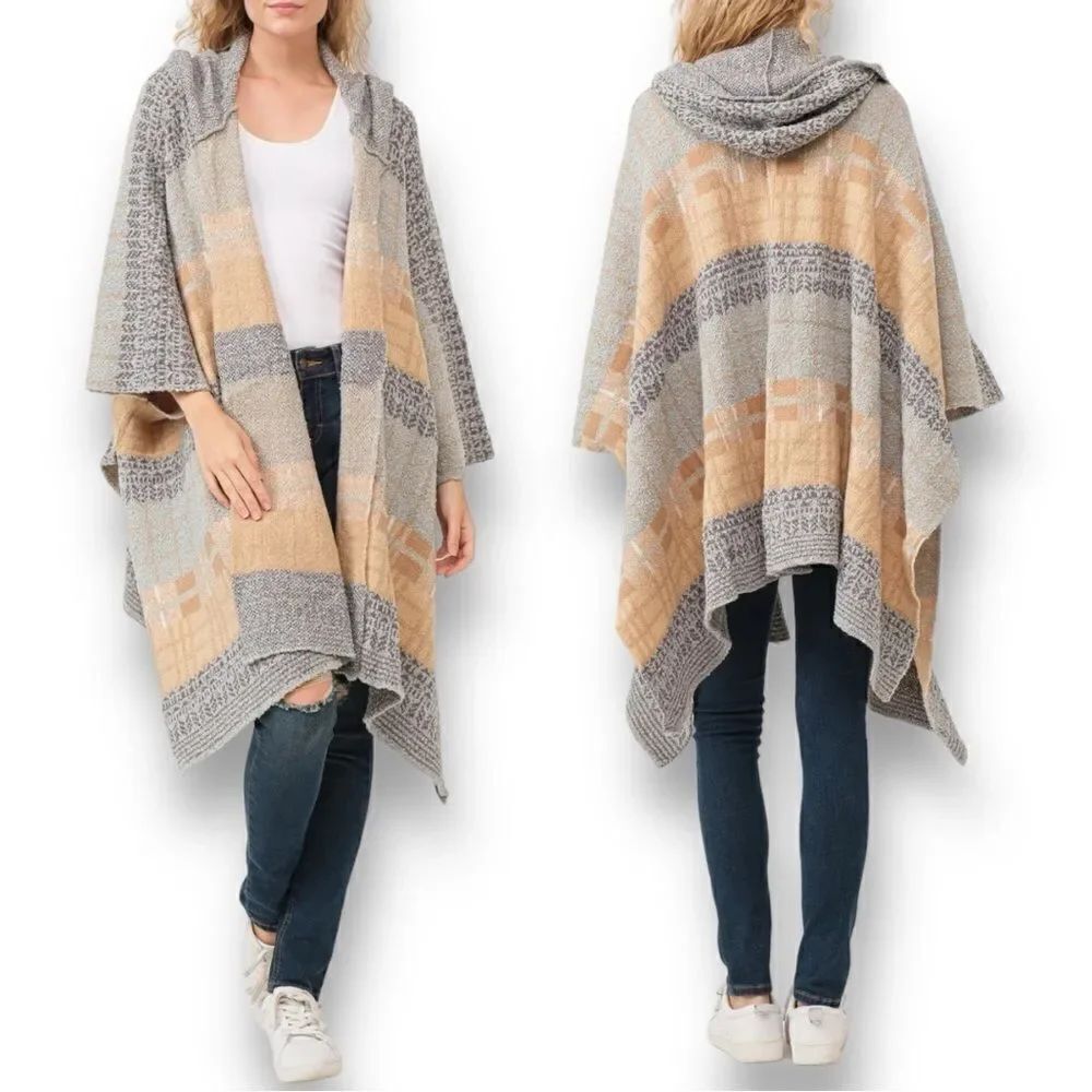 RAJ L.A Women’s Hailey Hooded Poncho Ruana in Grey Ash/Tan Color Combo OS